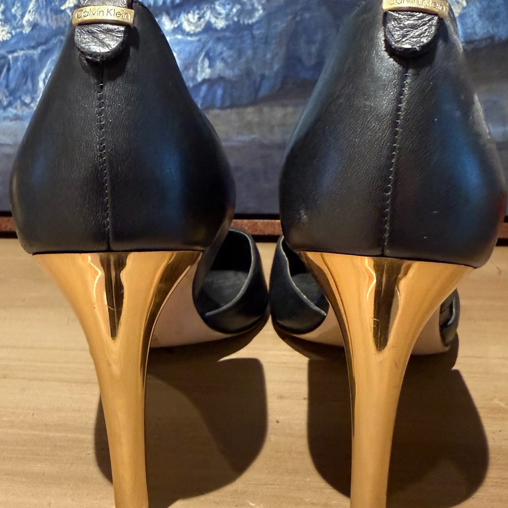 Calvin Klein Black Leather Pointed D'Orsay Pumps with Gold Stiletto - Picture 3 of 6